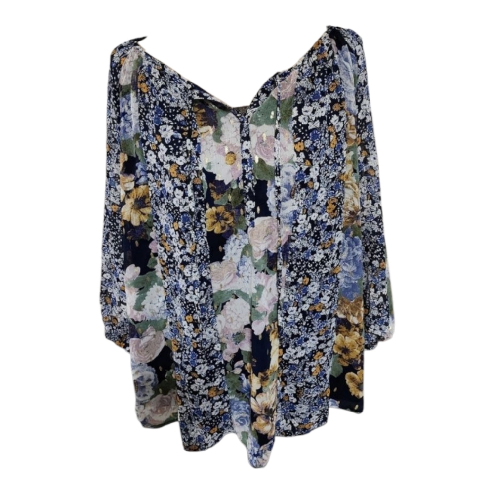Anthropologie x fig & flower gold & blue floral sheer sleeve blouse plus Size 2X